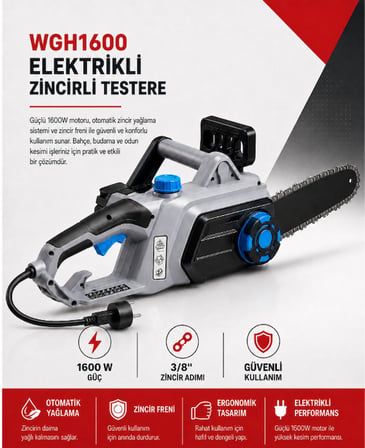 Algaride Wgh1600 1600W Elektrikli Zincirli Testere 40cm  3/8 91 Zincir Otomatik Yağlama ve Zincir Frenli