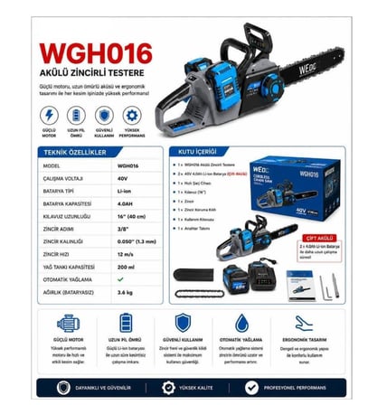 Algaride wedo wgh016 Akülü Zincirli Testere 40V Çift Bataryalı 40cm kılavuz Profesyonel Ağaç Kesim Motoru