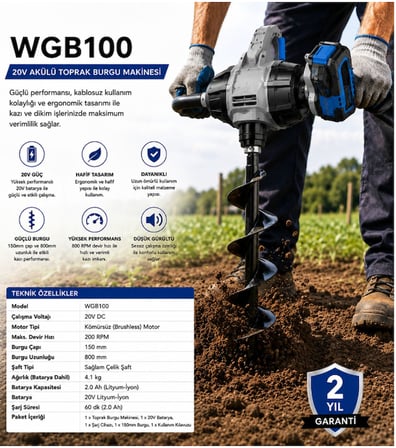 Algaride Wedo 20V Akülü Toprak Delme Burgu Makinesi 15cm 80cm Burgu Fidan Dikim ve Çit Direği Deliği Açma