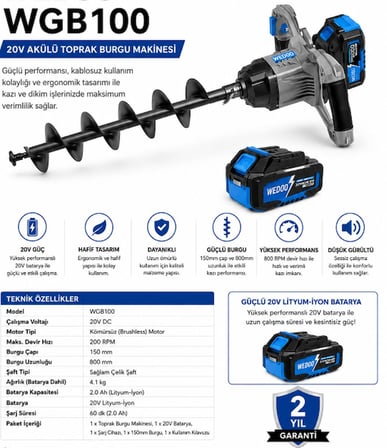 Algaride Wedo 20V Akülü Toprak Delme Burgu Makinesi 15cm 80cm Burgu Fidan Dikim ve Çit Direği Deliği Açma