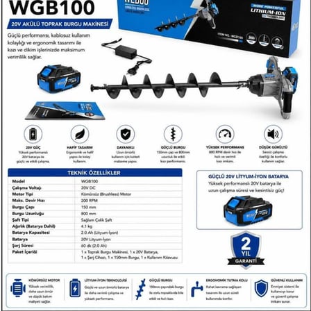 Algaride Wedo 20V Akülü Toprak Delme Burgu Makinesi 15cm 80cm Burgu Fidan Dikim ve Çit Direği Deliği Açma