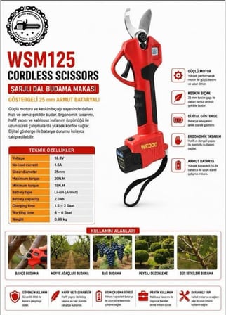 Algaride Wedo wsm125 16,8v Şarjlı Budama Makası 25mm Kesim Dijital Göstergeli 2.0 Ah Li-ion Bataryalı Prof Dal Kesme Makines