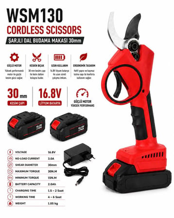 Algaride Wedo Wsm130 16.8V Şarjlı Akülü Dal Budama Makası 30mm Kesim Kapasiteli 2.0Ah Lityum Bataryalı Güçlü ve Ergonomik Budama Makinesi