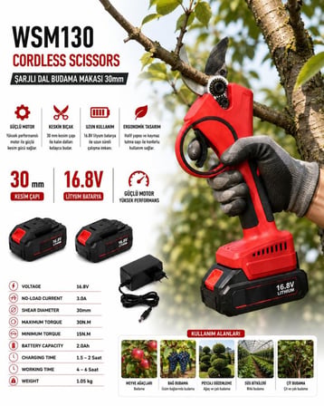 Algaride Wedo Wsm130 16.8V Şarjlı Akülü Dal Budama Makası 30mm Kesim Kapasiteli 2.0Ah Lityum Bataryalı Güçlü ve Ergonomik Budama Makinesi