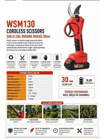Algaride Wedo Wsm130 16.8V Şarjlı Akülü Dal Budama Makası 30mm Kesim Kapasiteli 2.0Ah Lityum Bataryalı Güçlü ve Ergonomik Budama Makinesi