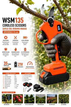 Algaride Wedo Wsm135 21V Şarjlı Dal Budama Makası 35mm Kesim Kapasiteli Göstergeli Çift Akülü Profesyonel Budama Makası