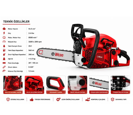 Algaride Wedo CS581 54.5 cc Benzinli Motorlu Testere 2.4kW 50 cm Pala 3/25 Zincir Profesyonel Ağaç Kesim Motoru