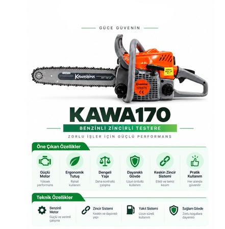 Algaride Kawa170 Benzinli Motorlu Testere 30,1cc 1,80 BG  40 cm  3/8"P Zincir Hafif ve Güçlü Ağaç Kesim Makinesi
