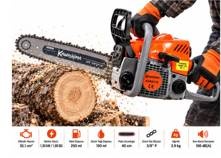 Algaride Kawa170 Benzinli Motorlu Testere 30,1cc 1,80 BG  40 cm  3/8"P Zincir Hafif ve Güçlü Ağaç Kesim Makinesi