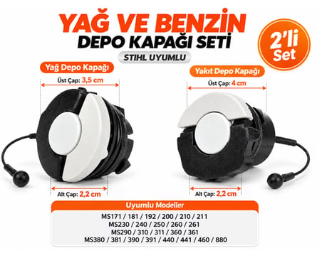 Algaride Stıhl Uyumlu Motorlu Testere Yağ ve Benzin Depo Kapağı Seti MS171 181 210 250 290 360 361 380 390