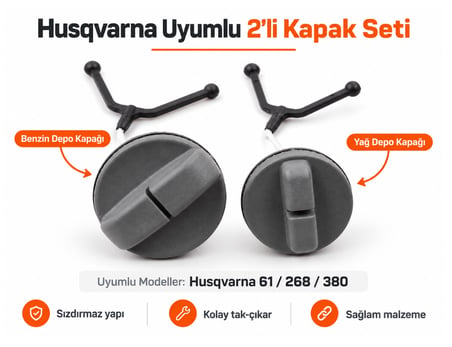 Algaride Husqvarna 61 268 380 Uyumlu Motorlu Testere Yağ ve Benzin Depo Kapağı Emniyet İpli 2’li Kapak