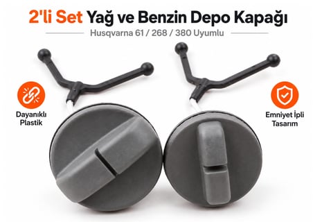 Algaride Husqvarna 61 268 380 Uyumlu Motorlu Testere Yağ ve Benzin Depo Kapağı Emniyet İpli 2’li Kapak