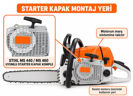 Algaride Stihl MS 440 MS 460 Uyumlu Starter Kapak Komple  Motorlu Testere Marş Kapağı ve İp Çekme Mekanizması