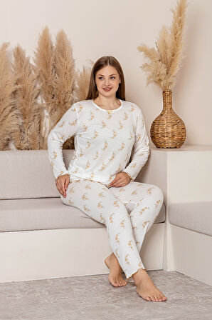 Uzun Kollu Büyük Beden Kadın Pijama Takımı- Çiçek Desenli Pijama - Pinterest Basic Kadın  Pijama 