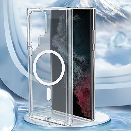 Galaxy S22 Ultra Kılıf  M-safe Şarj Özellikli Şeffaf Sert PC  Embos Kapak