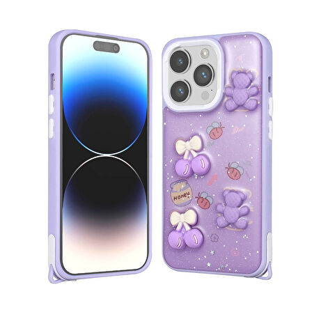 Apple iPhone 14 Pro Kılıf Parlayan Simli Kabartma Figürlü  Cevze Kapak