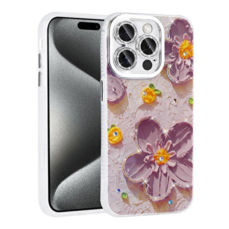Apple iPhone 14 Pro Max Kılıf Çiçek Desenli Parlak Taşlı Sert Silikon  Garden Kapak