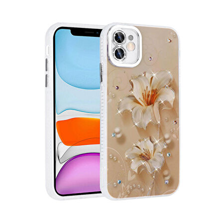 Apple Uyumlu iPhone 11 Kılıf Çiçek Desenli Parlak Taşlı Sert Silikon  Garden Kapak