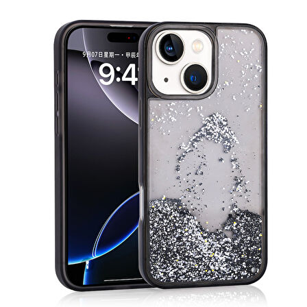 Apple iPhone 13 Kılıf Sıvılı Simli Şeffaf Arka Yüzey  Keto Silikon Kapak