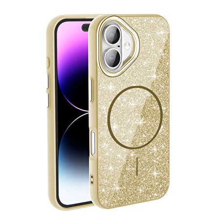 Apple iPhone 16 Plus Kılıf M-safe Şarj Özellikli Parlayan Simli  Okso Kapak