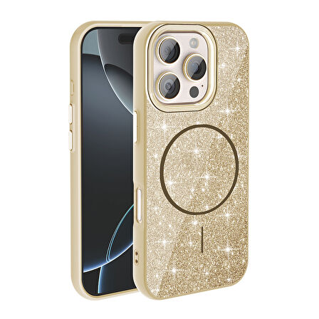 Apple iPhone 16 Pro Kılıf M-safe Şarj Özellikli Parlayan Simli  Okso Kapak
