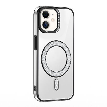 Apple Uyumlu iPhone 11 Kılıf Pırlanta Taş Tasarımlı M-safe Şarj Özellikli  Karetta Silikon Kapak