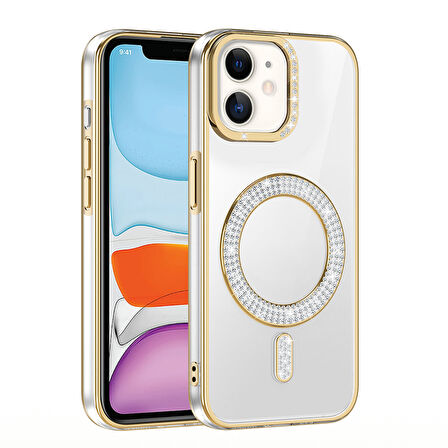 Apple Uyumlu iPhone 11 Kılıf Pırlanta Taş Tasarımlı M-safe Şarj Özellikli  Karetta Silikon Kapak