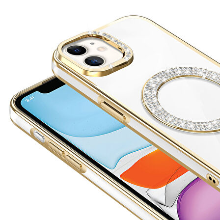 Apple Uyumlu iPhone 11 Kılıf Pırlanta Taş Tasarımlı M-safe Şarj Özellikli  Karetta Silikon Kapak