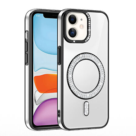 Apple iPhone 12 Kılıf Pırlanta Taş Tasarımlı M-safe Şarj Özellikli  Karetta Silikon Kapak