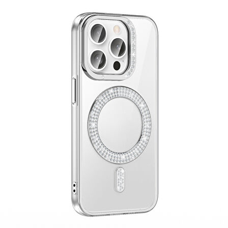Apple iPhone 14 Pro Max Kılıf Pırlanta Taş Tasarımlı M-safe Şarj Özellikli  Karetta Silikon Kapak