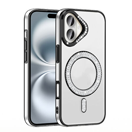 Apple iPhone 16 Plus Kılıf Pırlanta Taş Tasarımlı M-safe Şarj Özellikli  Karetta Silikon Kapak