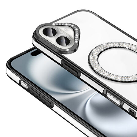Apple iPhone 16 Plus Kılıf Pırlanta Taş Tasarımlı M-safe Şarj Özellikli  Karetta Silikon Kapak