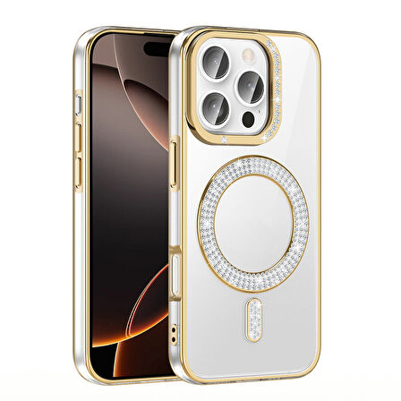 Apple iPhone 16 Pro Max Kılıf Pırlanta Taş Tasarımlı M-safe Şarj Özellikli  Karetta Silikon Kapak