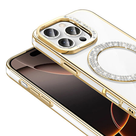 Apple iPhone 16 Pro Max Kılıf Pırlanta Taş Tasarımlı M-safe Şarj Özellikli  Karetta Silikon Kapak