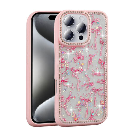 Apple iPhone 16 Pro Kılıf Taşlı ve Simli Tasarım  Azra Kapak
