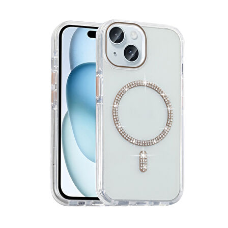 Apple iPhone 15 Kılıf Taşlı Tasarım M-safe Şarj Özellikli  Koment Silikon Kapak