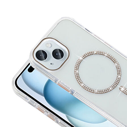 Apple iPhone 15 Kılıf Taşlı Tasarım M-safe Şarj Özellikli  Koment Silikon Kapak