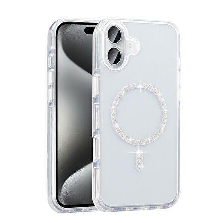Apple iPhone 16 Pro Max Kılıf Taşlı Tasarım M-safe Şarj Özellikli  Koment Silikon Kapak