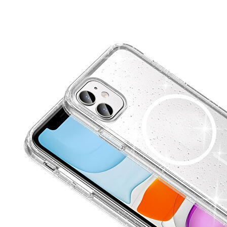 Apple Uyumlu iPhone 11 Kılıf M-safe Şarj Özellikli Parlayan Simli Saydam Renkli  Maris Kapak