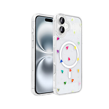 Apple iPhone 16 Kılıf M-Safe Şarj Özellikli Şeffaf  Folk Sert Kapak