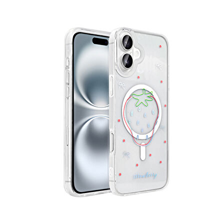Apple iPhone 16 Kılıf M-Safe Şarj Özellikli Şeffaf  Folk Sert Kapak