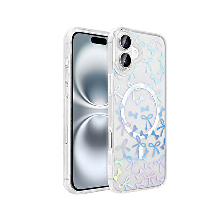 Apple iPhone 16 Plus Kılıf M-Safe Şarj Özellikli Şeffaf  Folk Sert Kapak