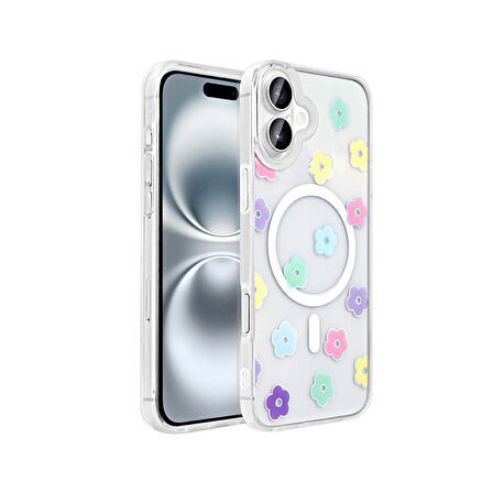 Apple iPhone 16 Plus Kılıf M-Safe Şarj Özellikli Şeffaf  Folk Sert Kapak