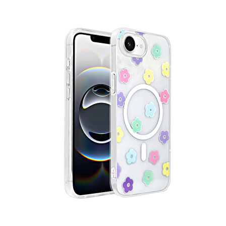 Apple iPhone 16E Kılıf M-Safe Şarj Özellikli Şeffaf  Folk Sert Kapak