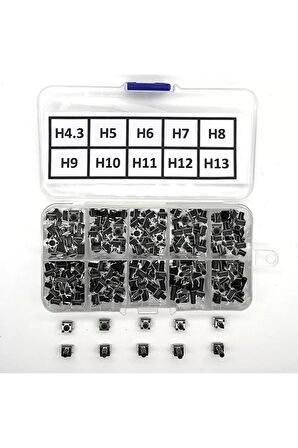 200 Adet 6x6mm Tact Buton Set 10 Farklı Yükseklikte 4 Pin Dokunmatik Anlık Basmalı Düğme Anahtar