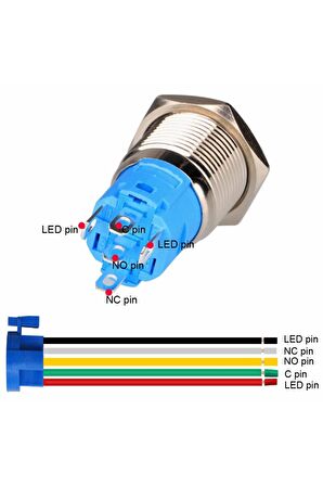 16mm Ledli Kablolu Latch Tip Metal Button 12v 16mm 1no 1nc Spdt On Off Su Geçirmez Paslanmaz Çelik