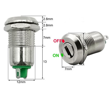 12mm Metal 2 Pin Anahtar Kontrollü Buton Panel Montaj ON OFF 1A AC 250V Güvenlik Kilit Elektronik
