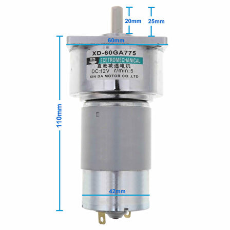 XD-60GA775 DC Motor 12V 5Rpm 35W 87Kg.cm Yüksek Tork Kuvvet Metal Dişli Redüktörlü Robot Cnc Makine