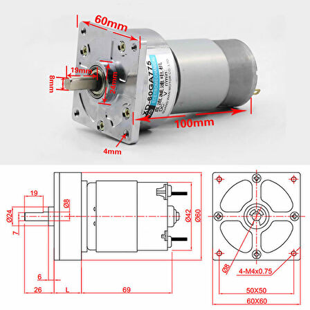 XD-60GA775 DC Motor 24V 30Rpm 35W 40Kg.cm Yüksek Tork Kuvvet Metal Dişli Redüktörlü Robot Cnc Makine