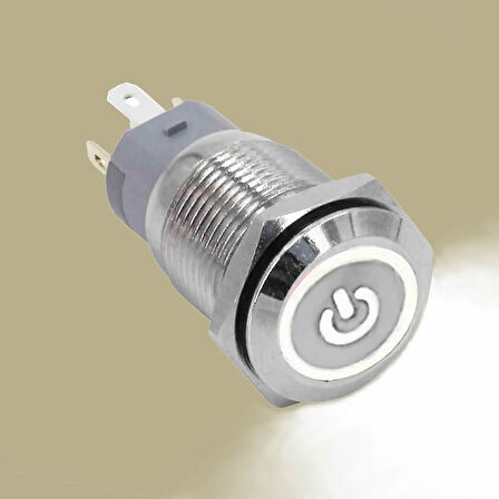 16mm Metal Buton Beyaz Power Sembol Led Işıklı Panel Montaj Düz Kafa Kilitlemeli DC 6A 12V IP67 Düğm
